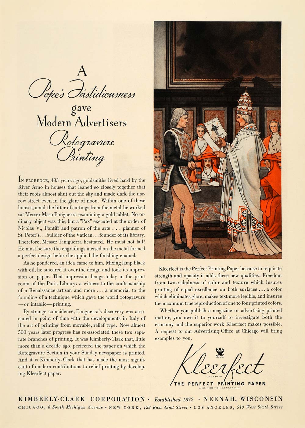 1935 Ad Kimberly Clark Kleerfect Printing Paper Pope - ORIGINAL ADVERTISING TM6