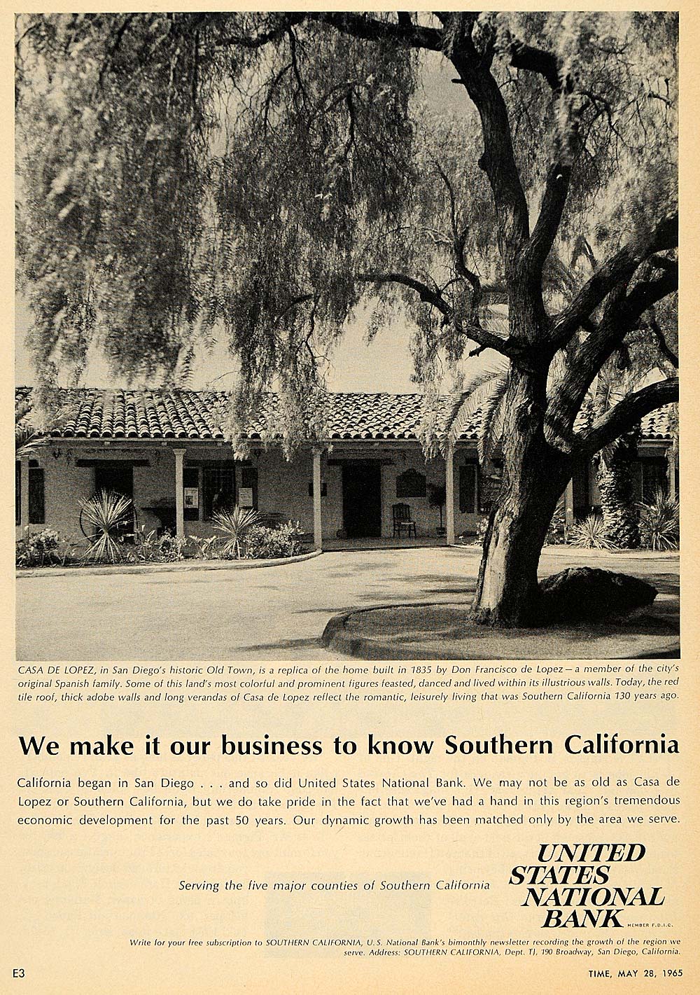 1965 Ad United States National Bank Diego Historic Town - ORIGINAL TM6