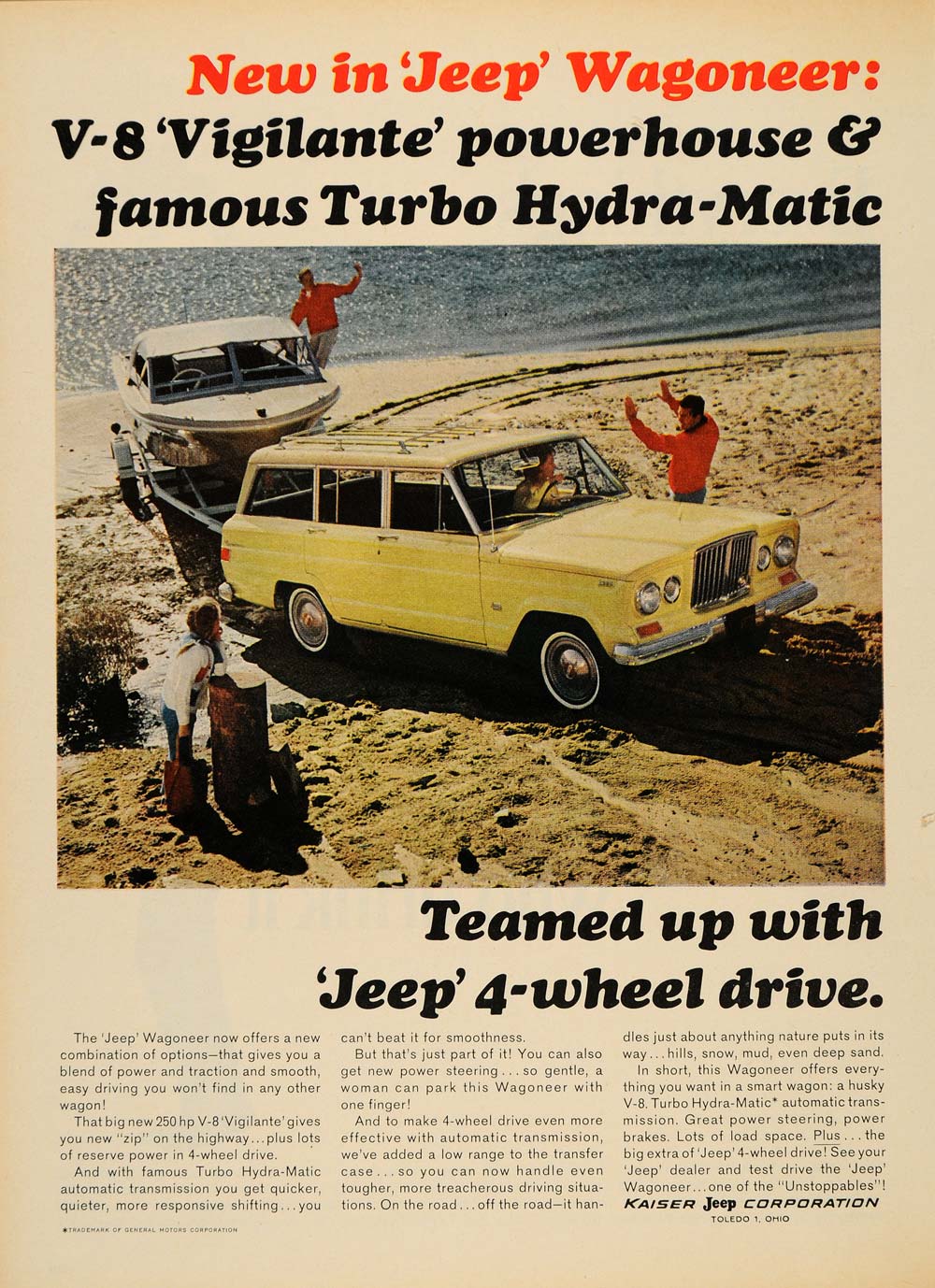 1965 Ad Kaiser Jeep Corp Yellow V-8 Turbo Auto Beach - ORIGINAL ADVERTISING TM6