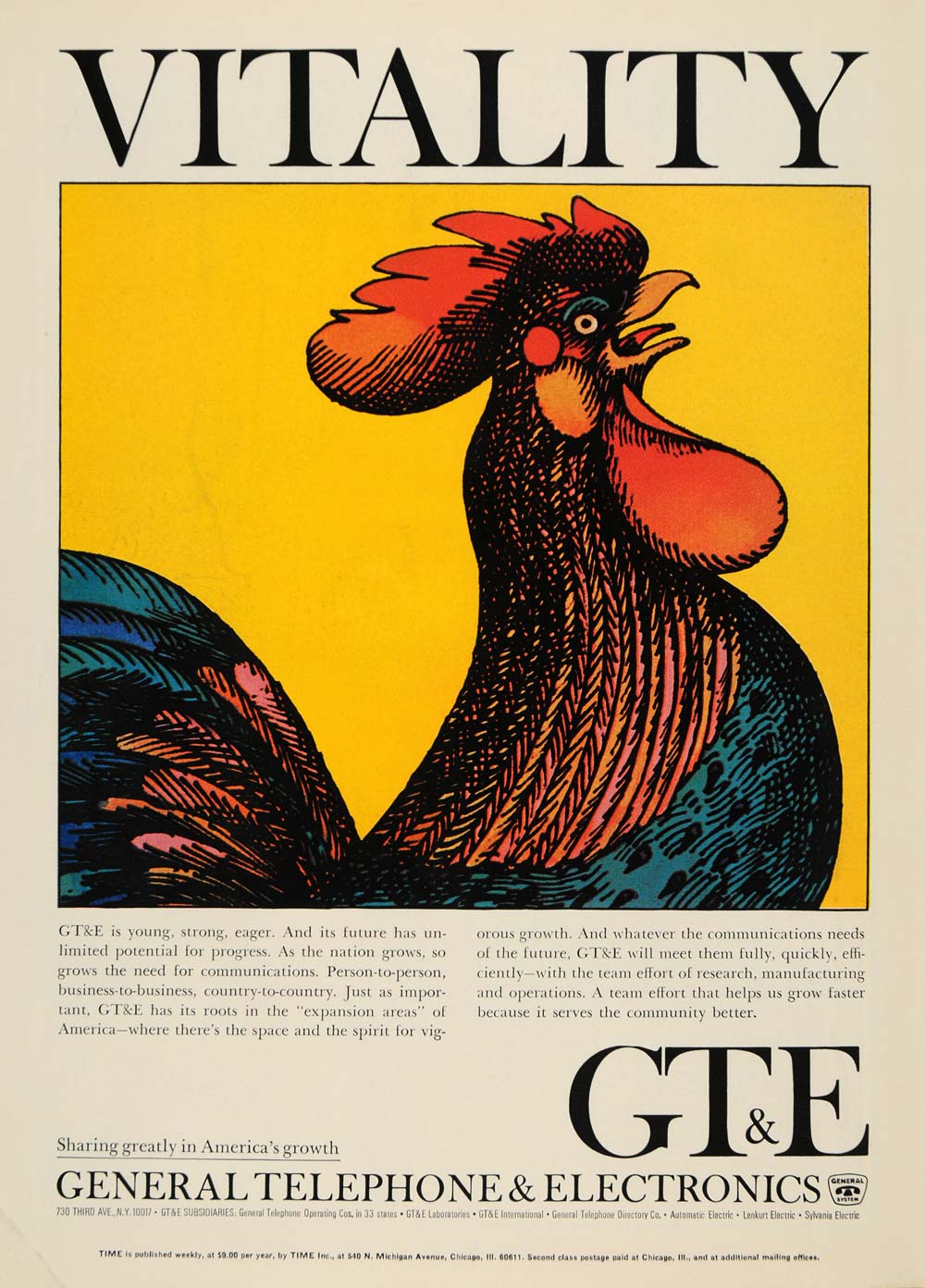 1965 Ad General Telephone & Electronics GT & E Rooster - ORIGINAL TM6