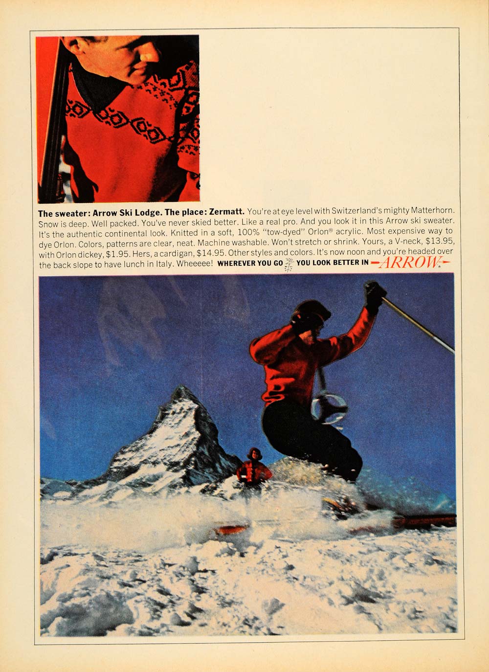 1964 Ad Arrow Skiing Sweater Winter Clothing Fashion - ORIGINAL ADVERTISING TM6