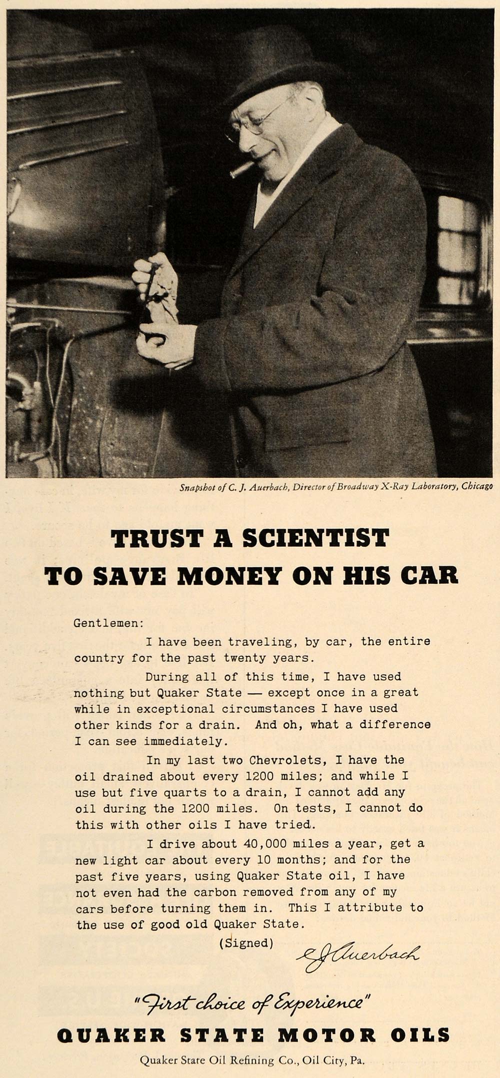 1935 Ad Quaker State Motor Oils Director C J Auerbach - ORIGINAL ADVERTISING TM6