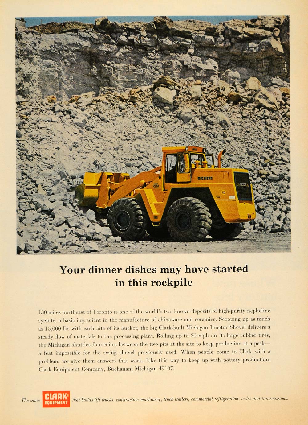 1965 Ad Clark Equipment Michigan Tractor Shovel Rocks - ORIGINAL ADVERTISING TM6