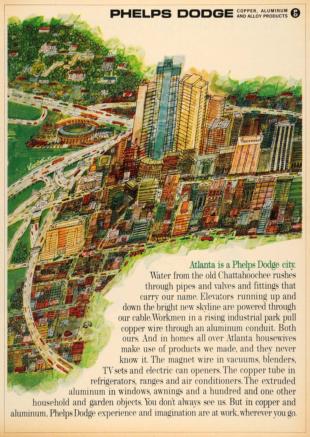 1965 Ad Phelps Dodge Copper Alloy Atlanta City Cartoon - ORIGINAL TM6