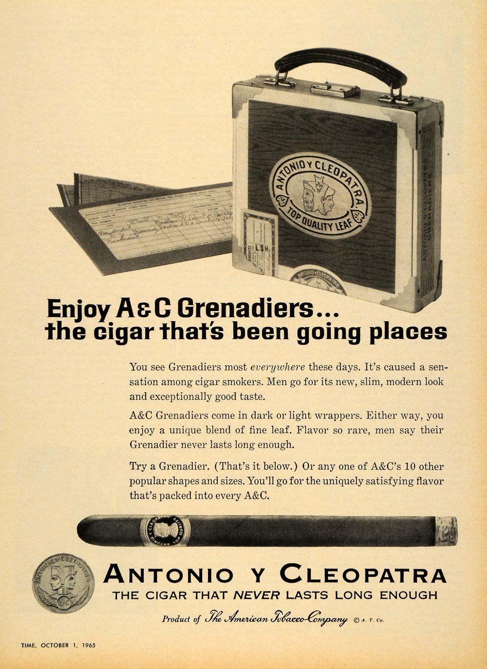 cleopatra tobacco Cigarettes Eastern Company tooled and hand 1965 Ad American Tobacco Co.