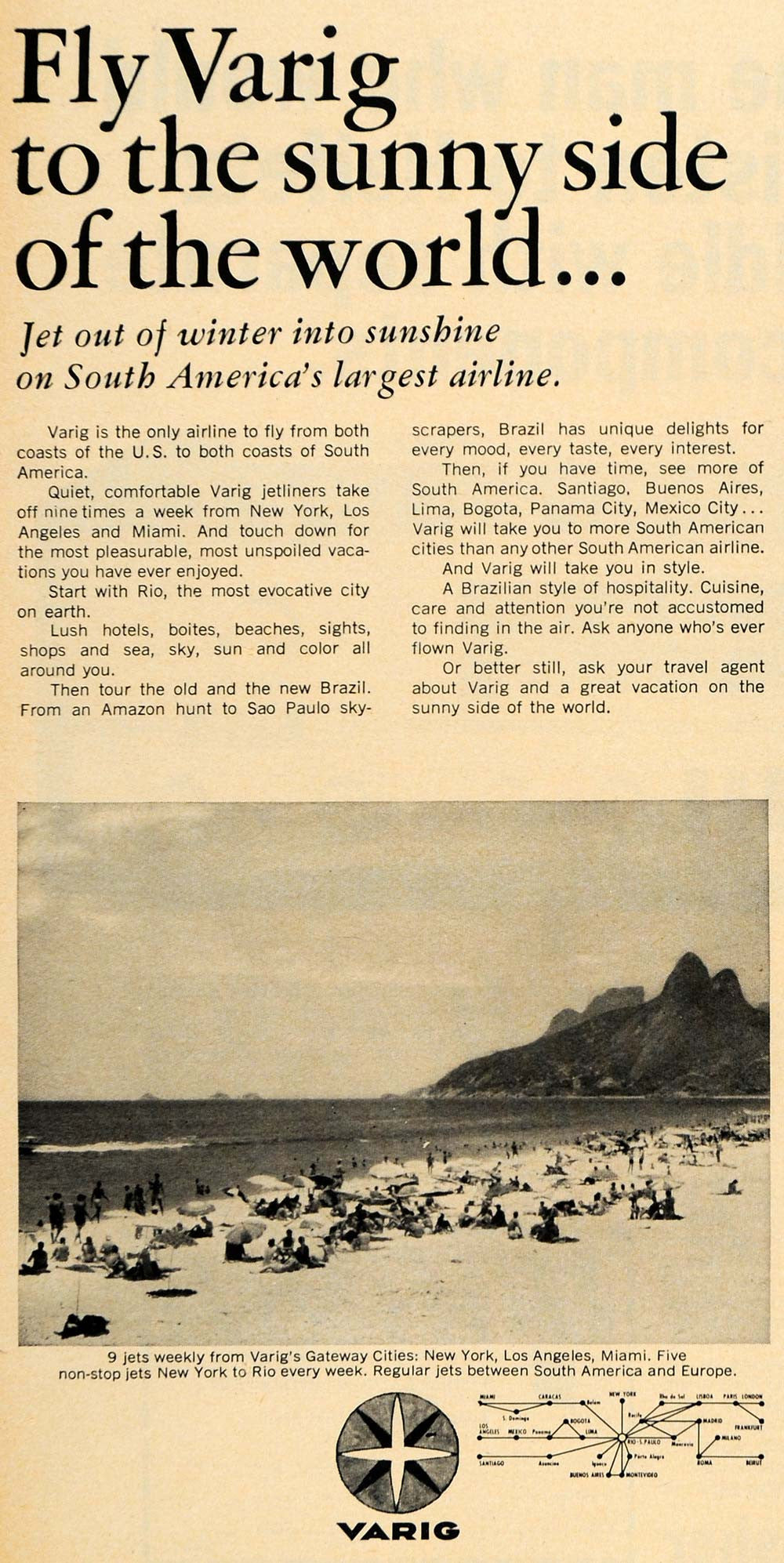 1965 Ad Varig Airlines Rio de Janeiro Brazil Vacation - ORIGINAL ADVERTISING TM6 - Period Paper
