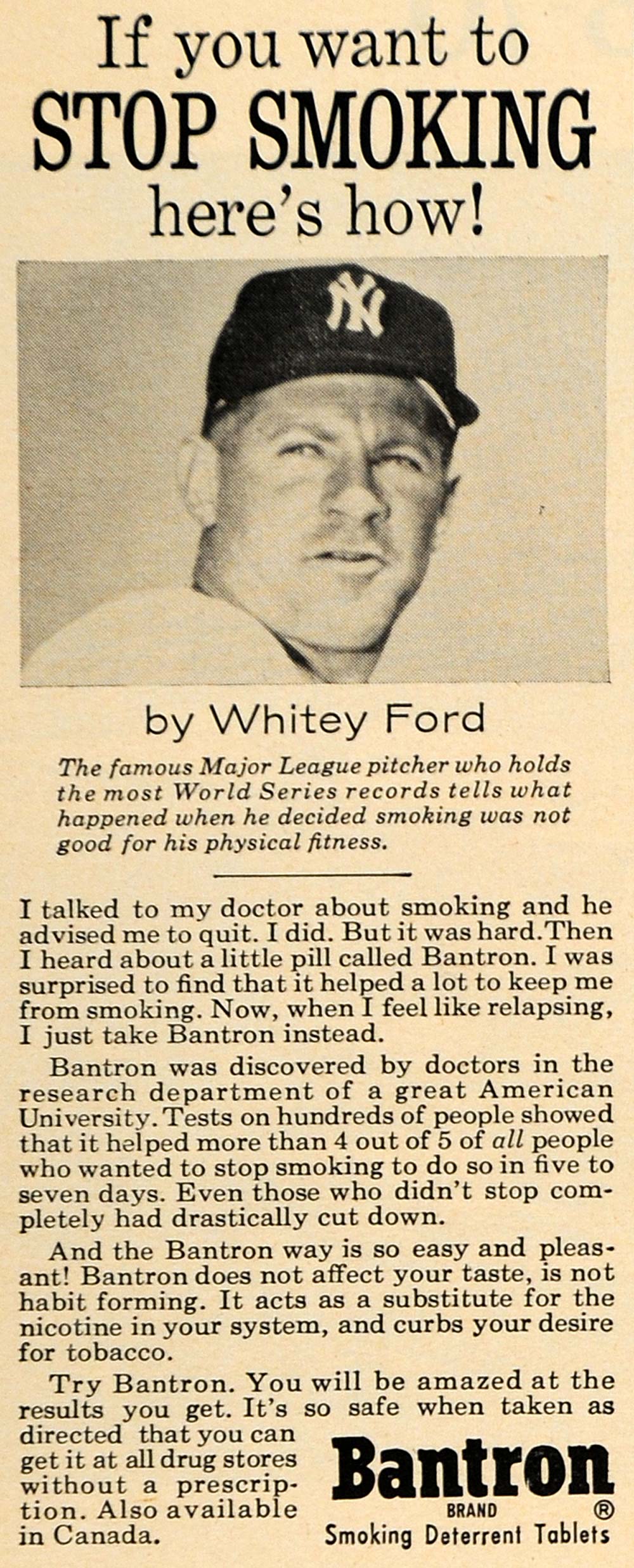 1965 Ad Bantron Smoking Deterrent Tablets Whitey Ford