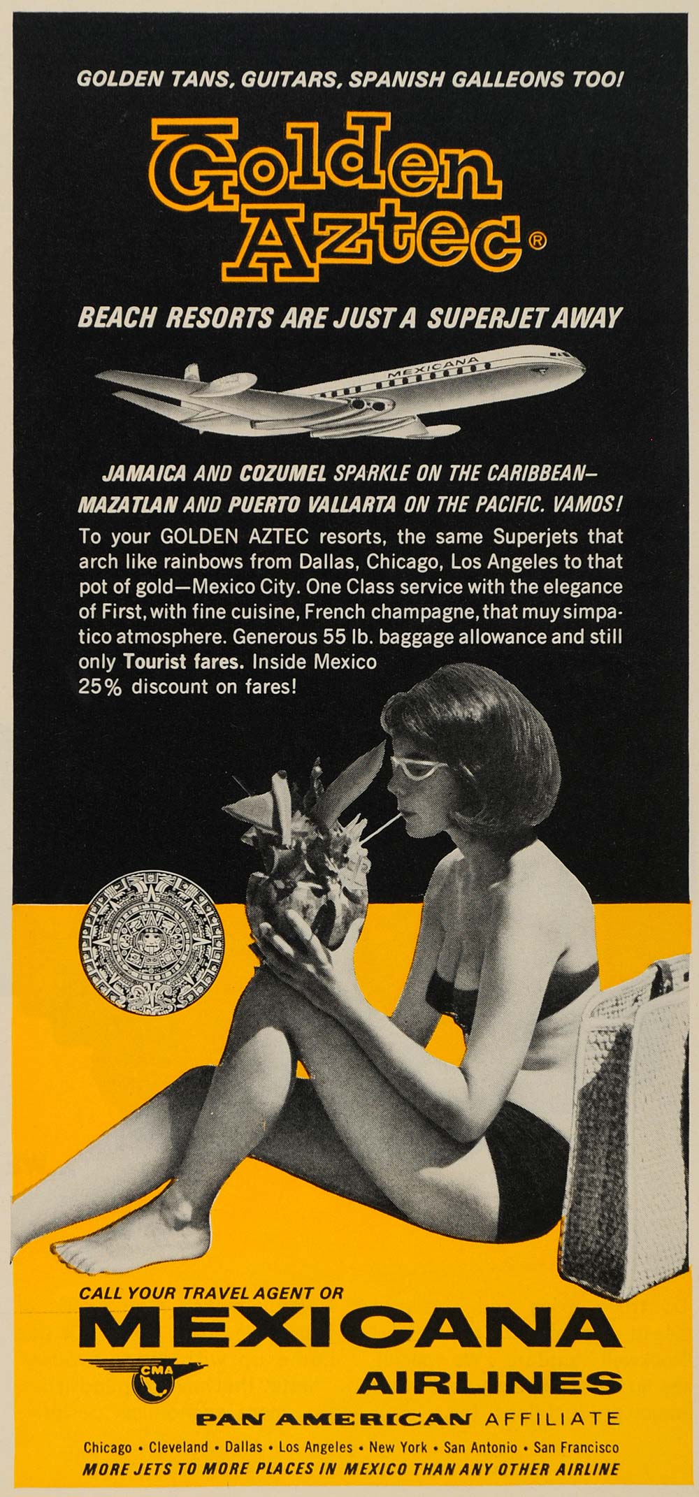 1965 Ad Mexicana Airlines Golden Aztec Airlines Mexico - ORIGINAL TM6