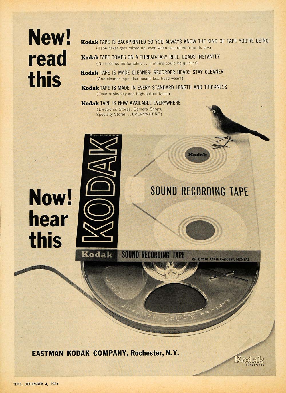 1964 Ad Eastman Kodak Sound Recording Tape Rochester NY - ORIGINAL