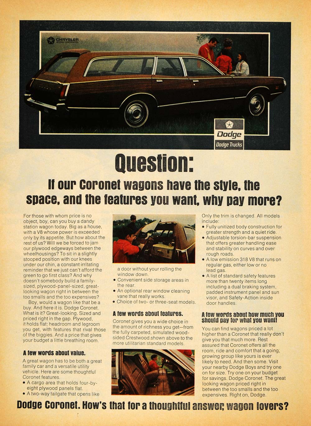 1971 Ad Chrysler Motor Corp Dodge Coronet Motor Vehicle - ORIGINAL TM6