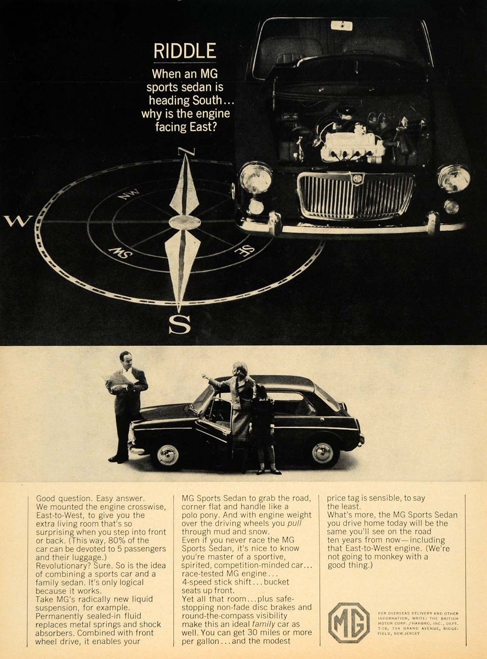1965 Ad Vintage MG Sports Sedan Engine Compass MPG - ORIGINAL ADVERTISING TM7