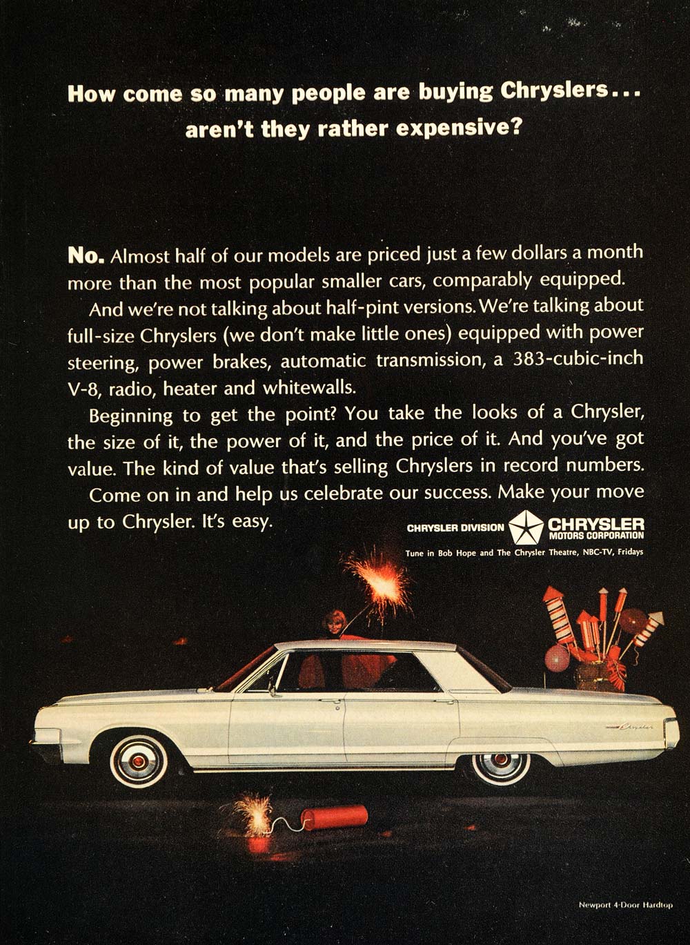 1965 Ad V8 Chrysler Newport 4 Door Hardtop Fireworks - ORIGINAL ADVERTISING TM7