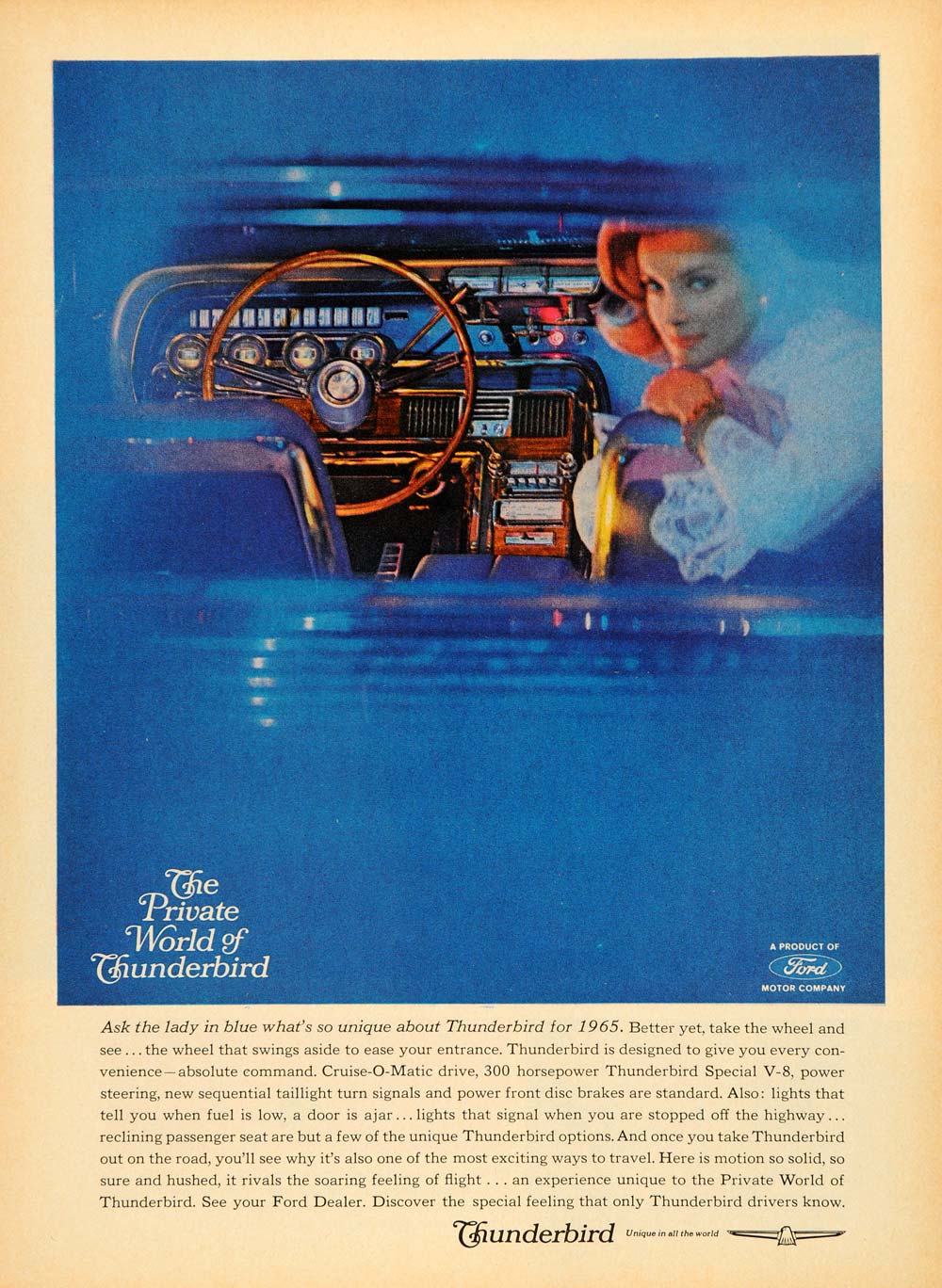 1965 Ad Lady Blue Cruise-O-Matic Thunderbird Ford Car - ORIGINAL ADVERTISING TM7