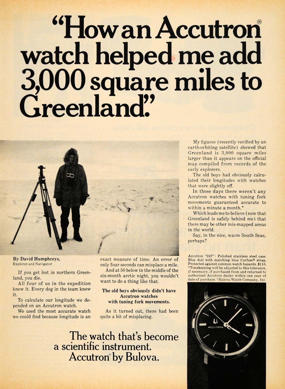 1970 Ad Accutron Bulova Watch David Humphreys Explorer - ORIGINAL TM7