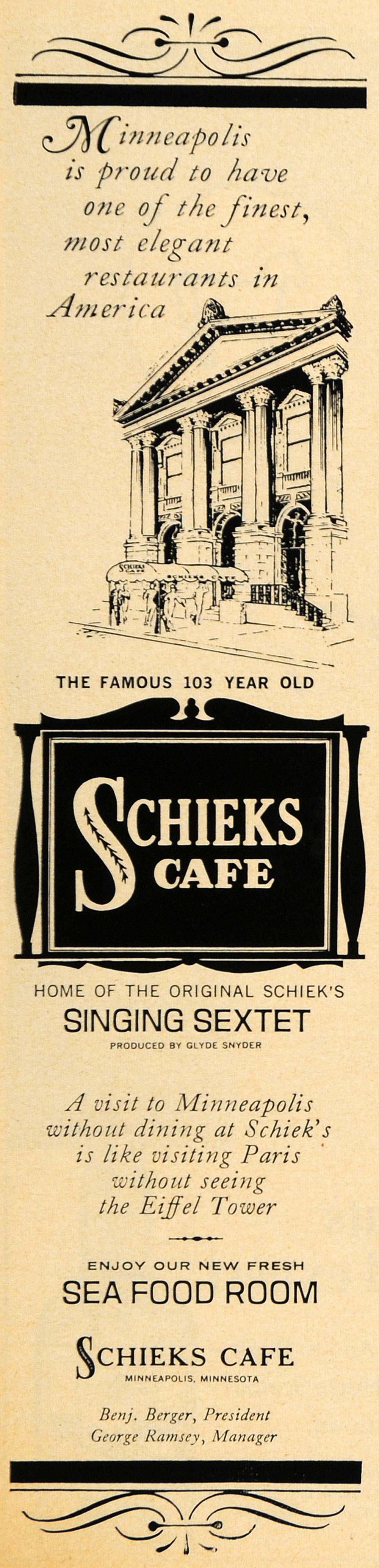 1965 Ad Schieks Cafe Minneapolis Sea Food Room Berger - ORIGINAL ADVERTISING TM7