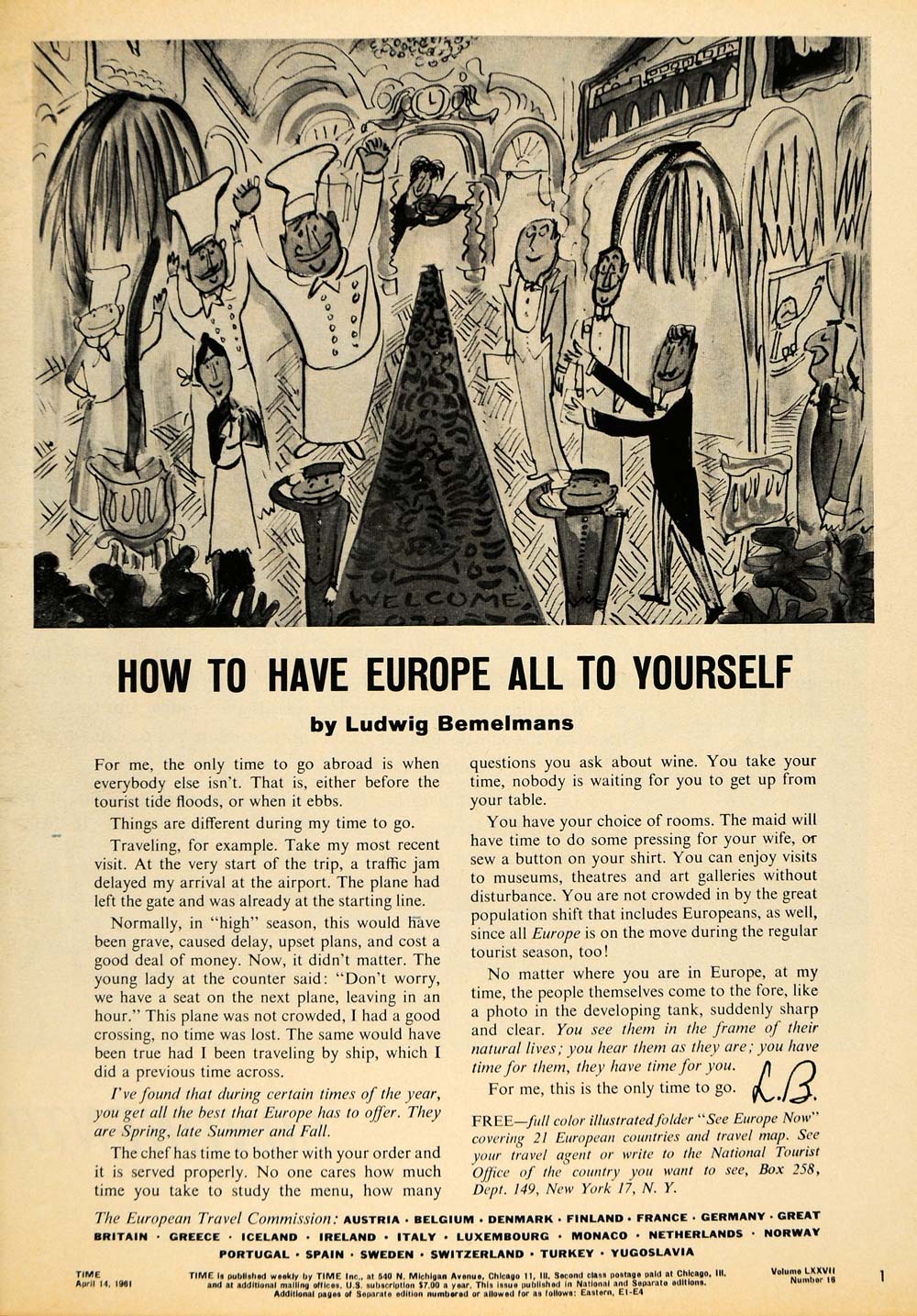 1961 Ad European Travel Commission Ludwig Bemelmans - ORIGINAL ADVERTISING TM7