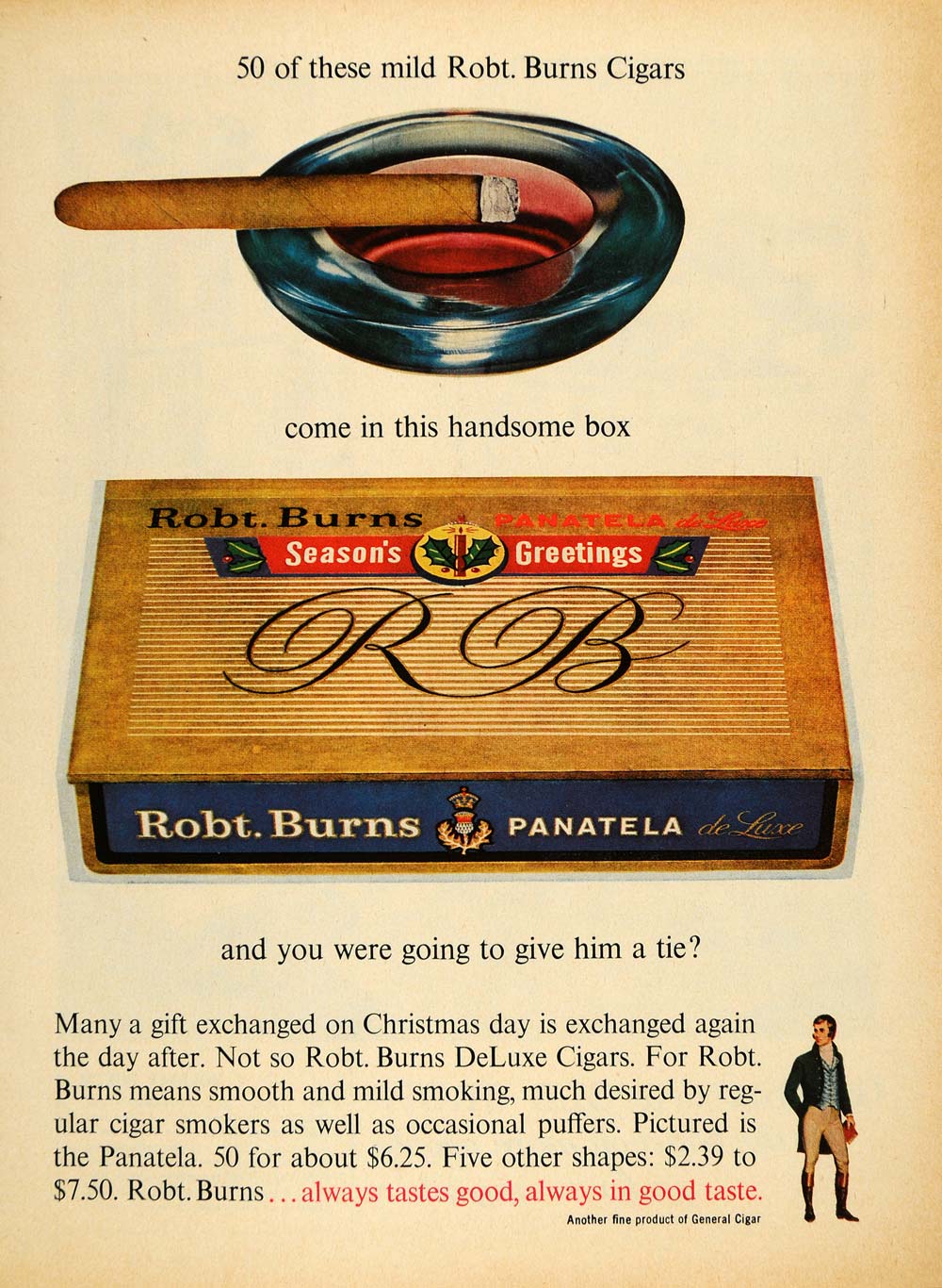 1961 Ad Robt Burns Panatela de Luxe Cigar Christmas Box - ORIGINAL TM7