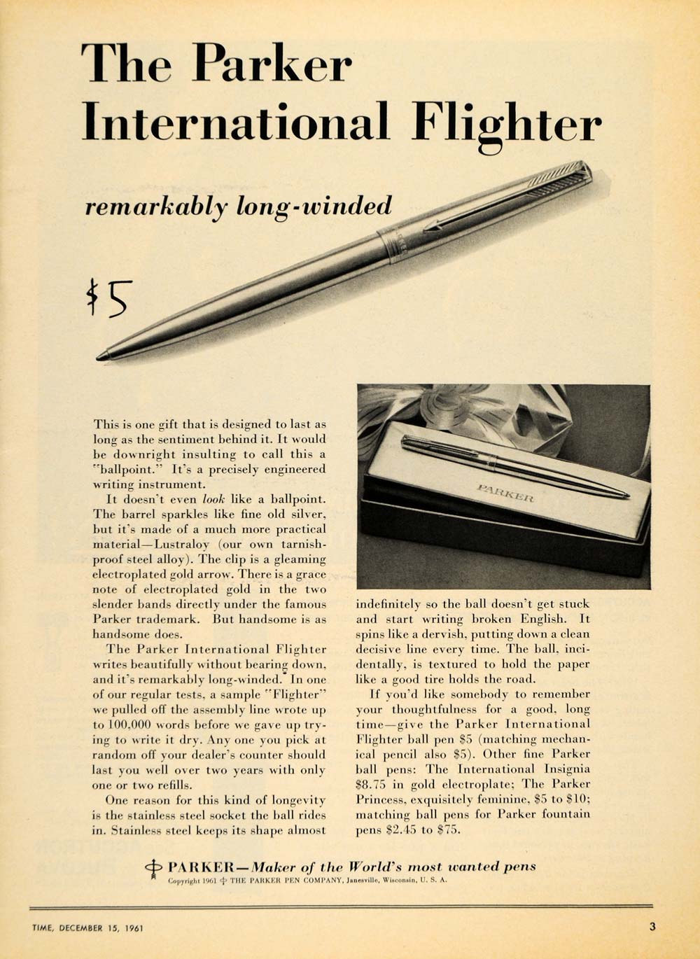 1961 Ad Parker International Flighter Ball Point Pen - ORIGINAL ADVERTISING TM7