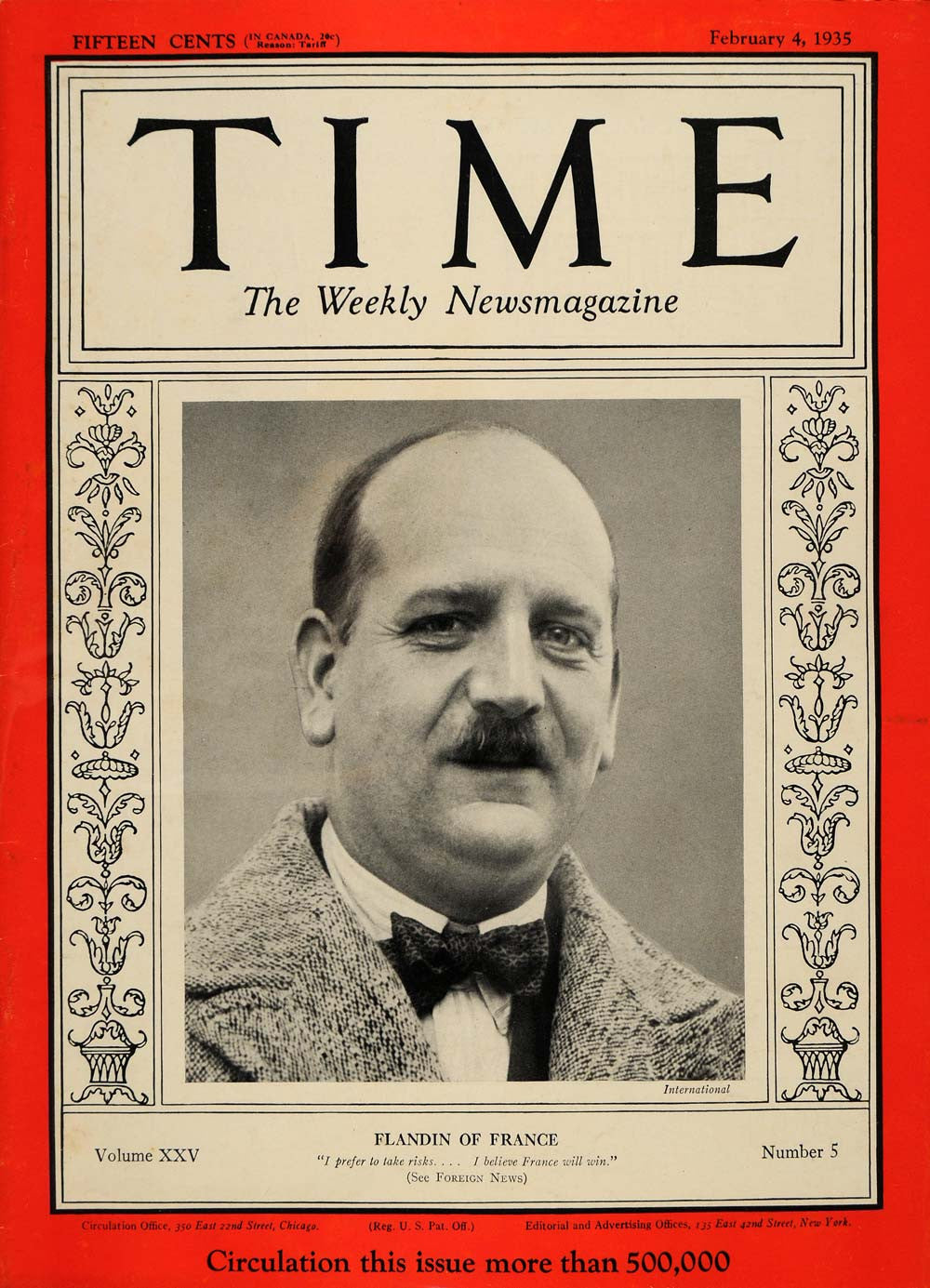 1935 Cover Time Pierre-Etienne Flandin France Political - ORIGINAL TM7