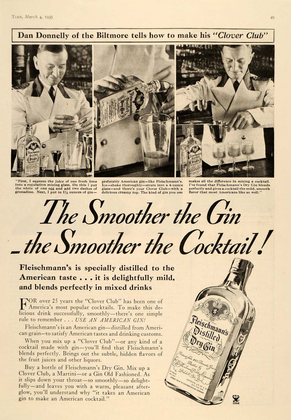 1935 Ad Fleischmanns Dry Gin Dan Donnelly Biltmore - ORIGINAL ADVERTISING TM7 - Period Paper
