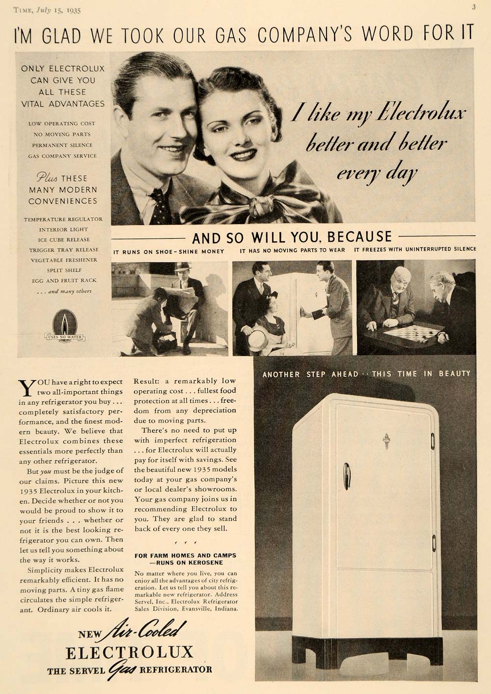 1935 Ad Vintage Electrolux Gas Refrigerator Evansville - ORIGINAL TM7