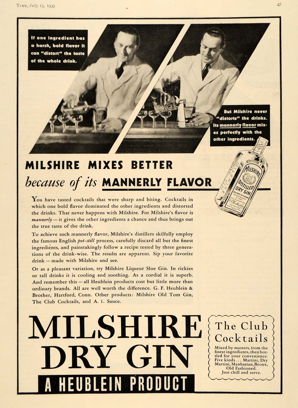 1935 Ad Heublein Milshire Dry Gin Bottle Bartending - ORIGINAL ADVERTISING TM7