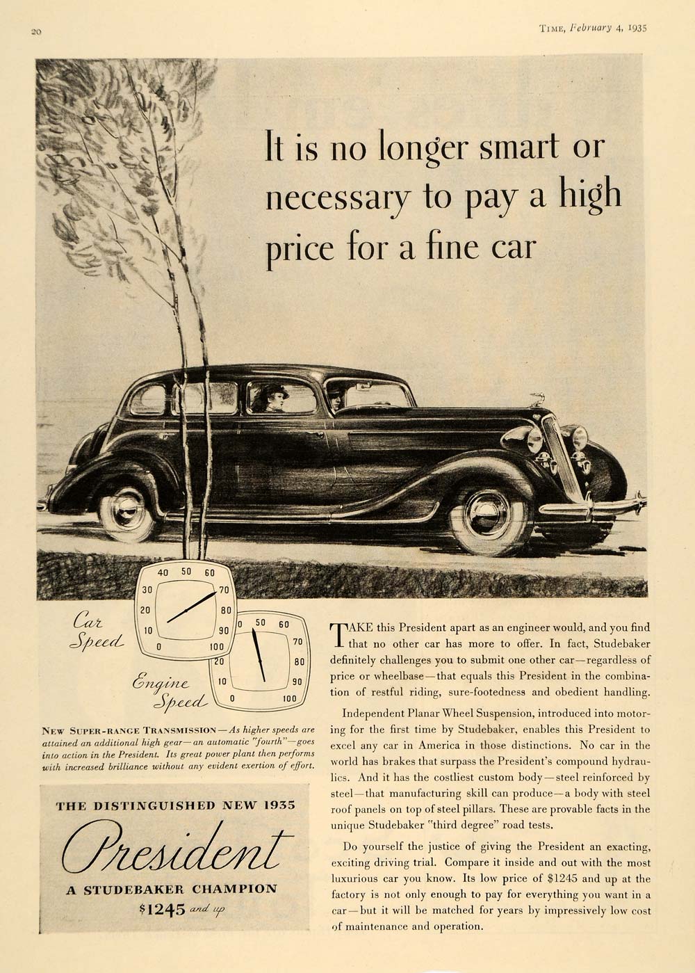 1935 Ad Vintage Studebaker President Gauges Pricing - ORIGINAL ADVERTISING TM7
