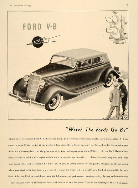 1935 Ad Vintage Ford V8 Pricing Watch the Fords Go By - ORIGINAL