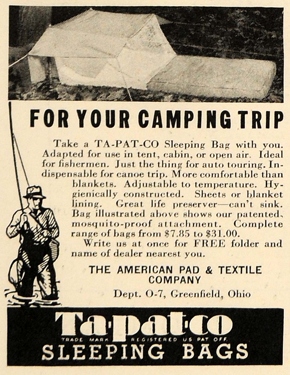 1935 Ad Tapatco Sleeping Bag Camping Fly Fishing Ohio - ORIGINAL ADVERTISING TM7