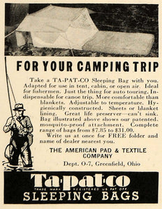 1935 Ad Tapatco Sleeping Bag Camping Fly Fishing Ohio - ORIGINAL ADVERTISING TM7