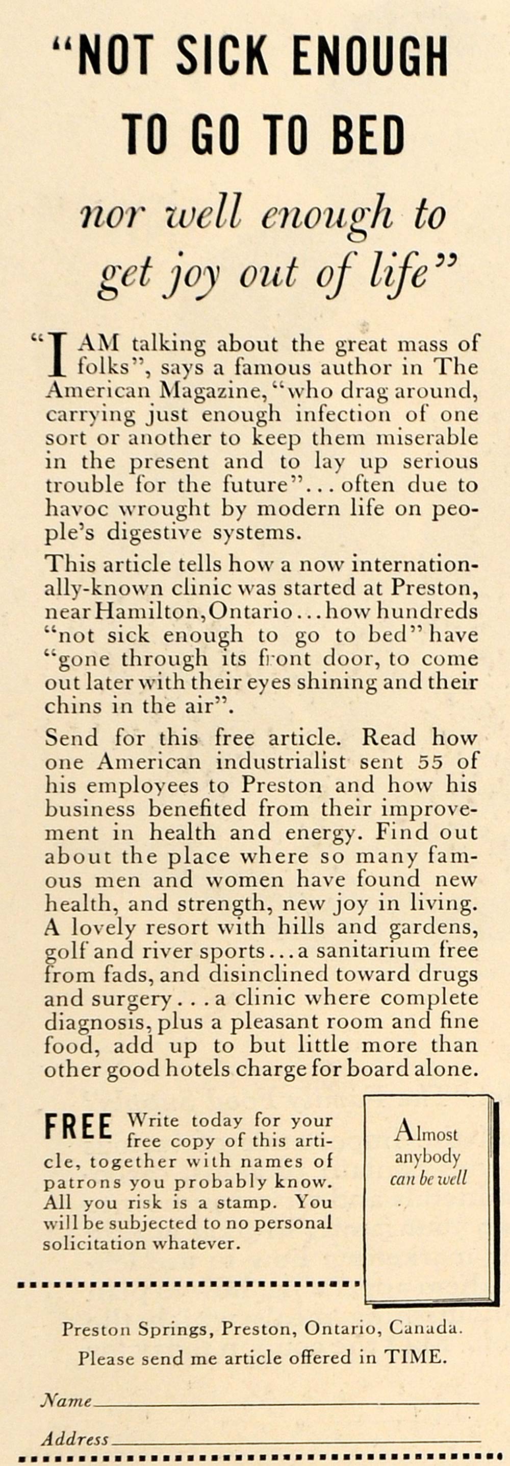 1935 Ad Preston Springs Health Sick Sanitarium Canada - ORIGINAL ADVERTISING TM7