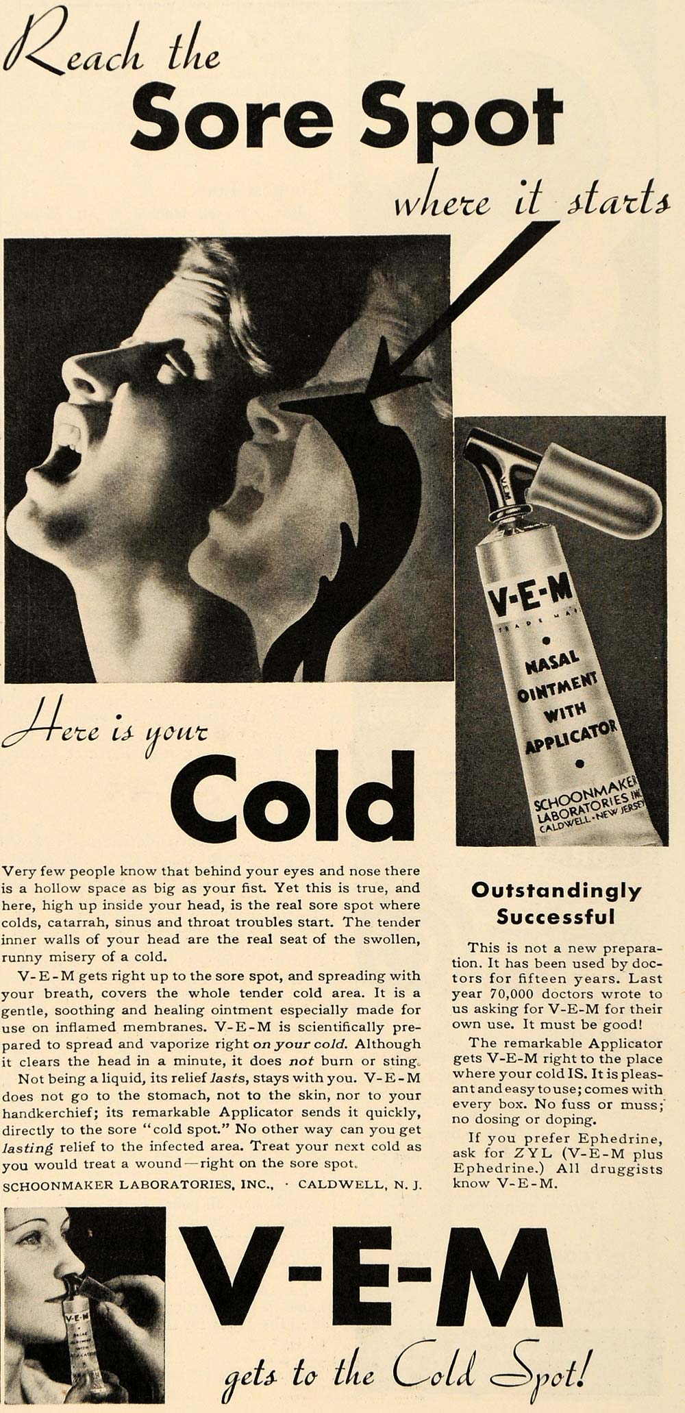 1935 Ad V-E-M Nasal Ointment Applicator Cold Relief - ORIGINAL ADVERTISING TM7