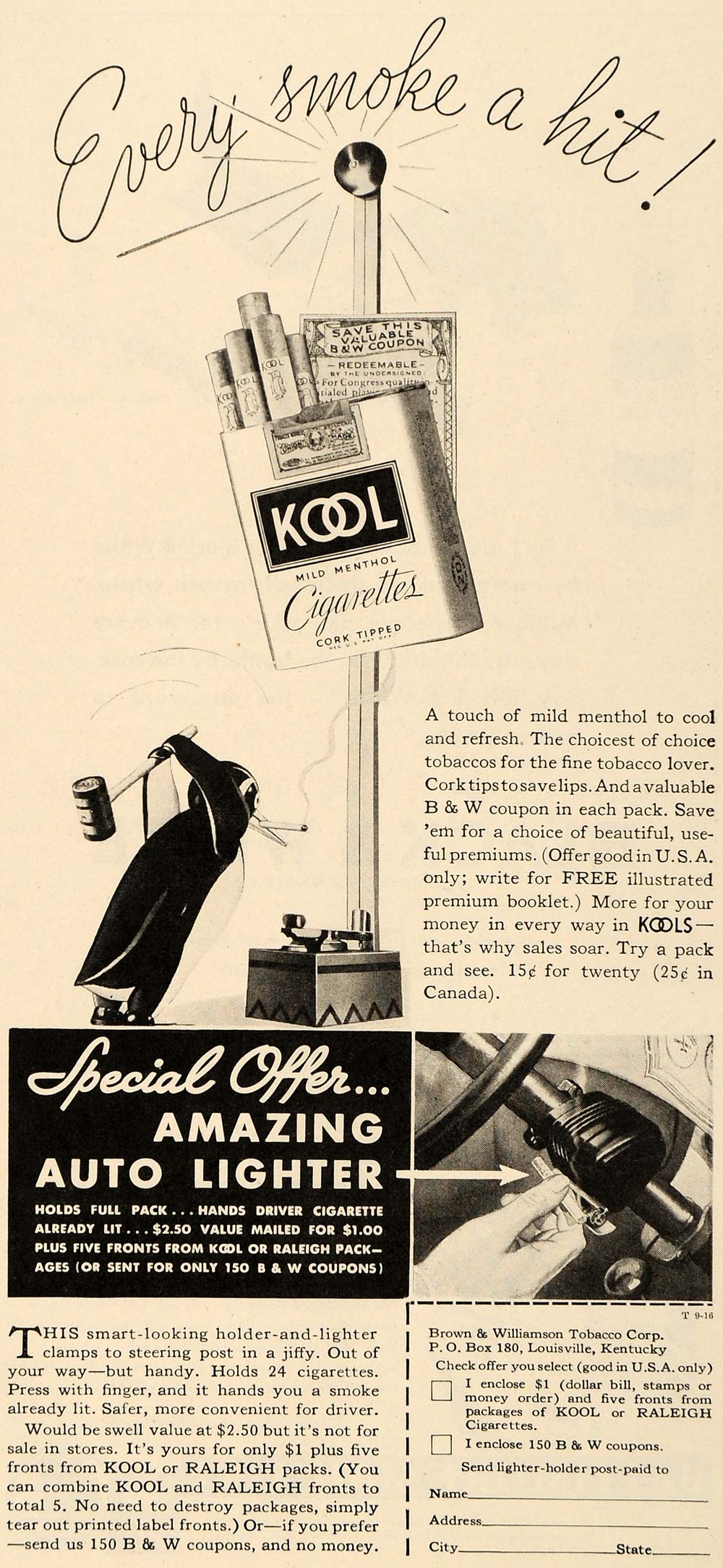 1935 Ad Kool Cigarettes Auto Lighter Brown Williamson - ORIGINAL ADVERTISING TM7
