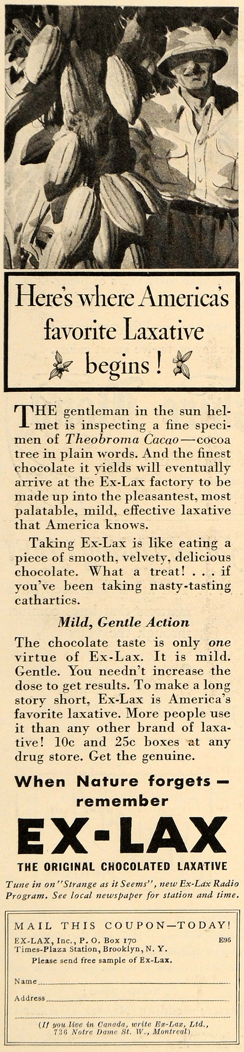 1935 Ad Ex-Lax Chocolate Laxative Theobroma Cacao Plant - ORIGINAL TM7