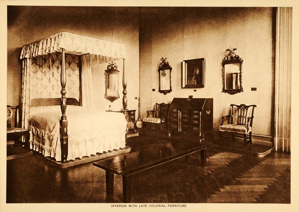 1914 Intaglio Print Colonial Bedroom Furniture Four-Poster Bed Desk Chair TMM1