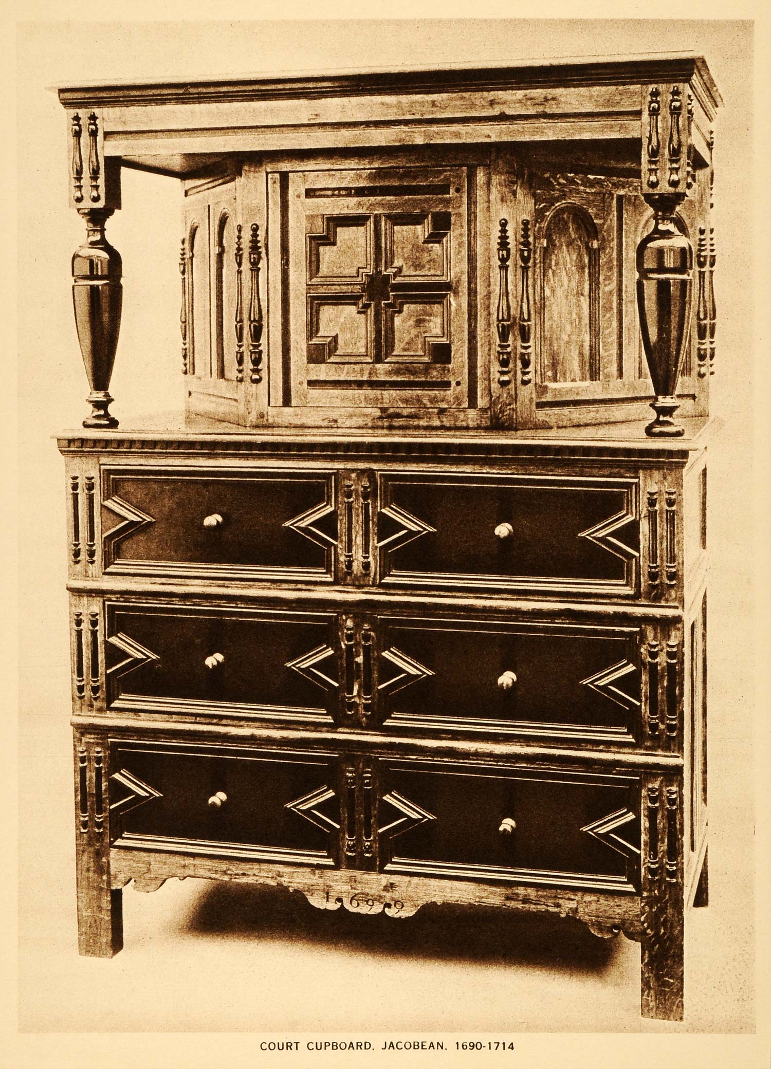 1914 Intaglio Print Jacobean Court Cupboard Furniture Chest Drawers Antique TMM1