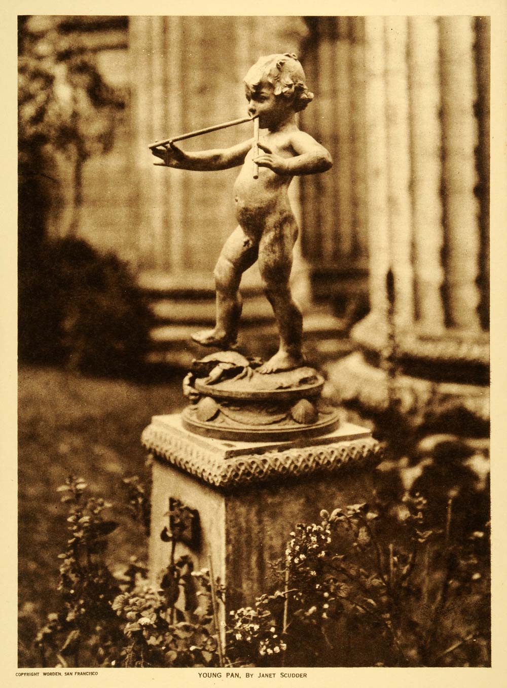 1919 Photogravure Janet Scudder Young Pan Panpipes Nude Statue Sculpture TMM1