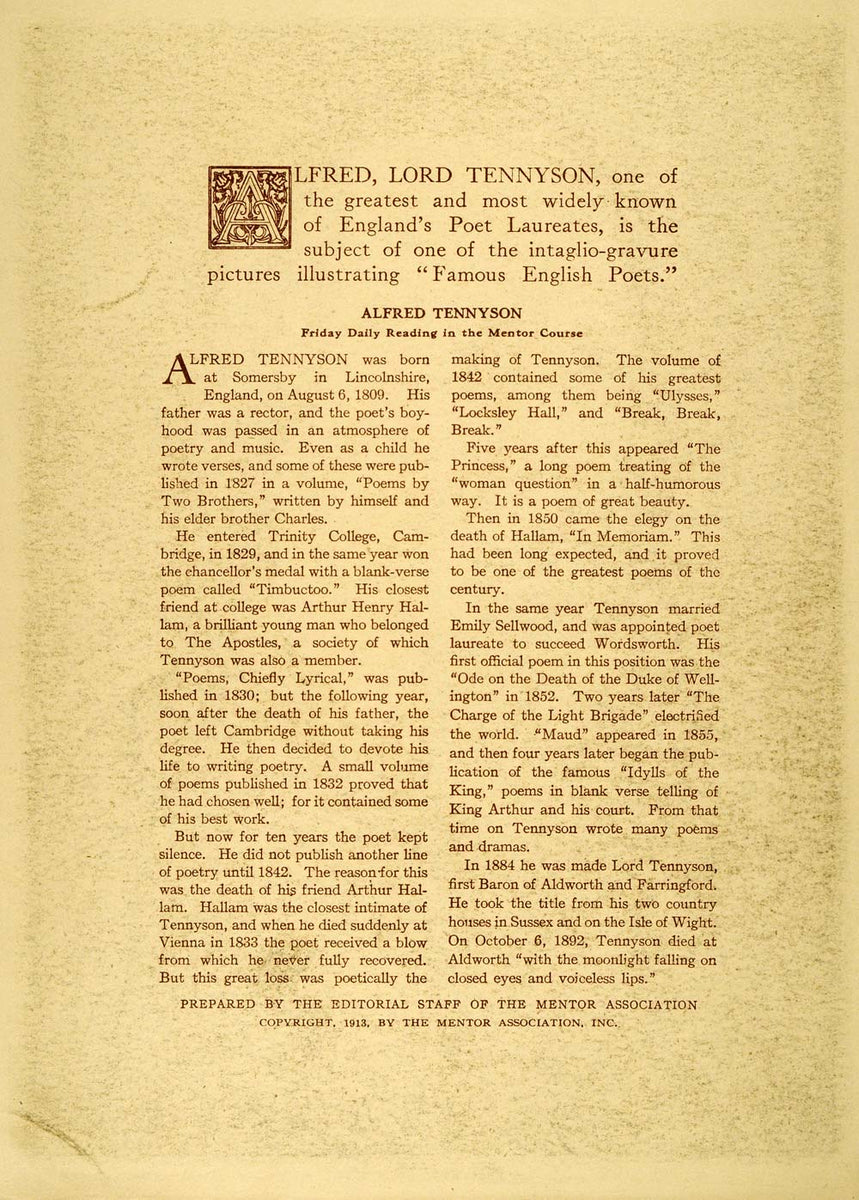 1913 Intaglio Print Alfred Lord Tennyson Portrait Poet Laureate Englan ...