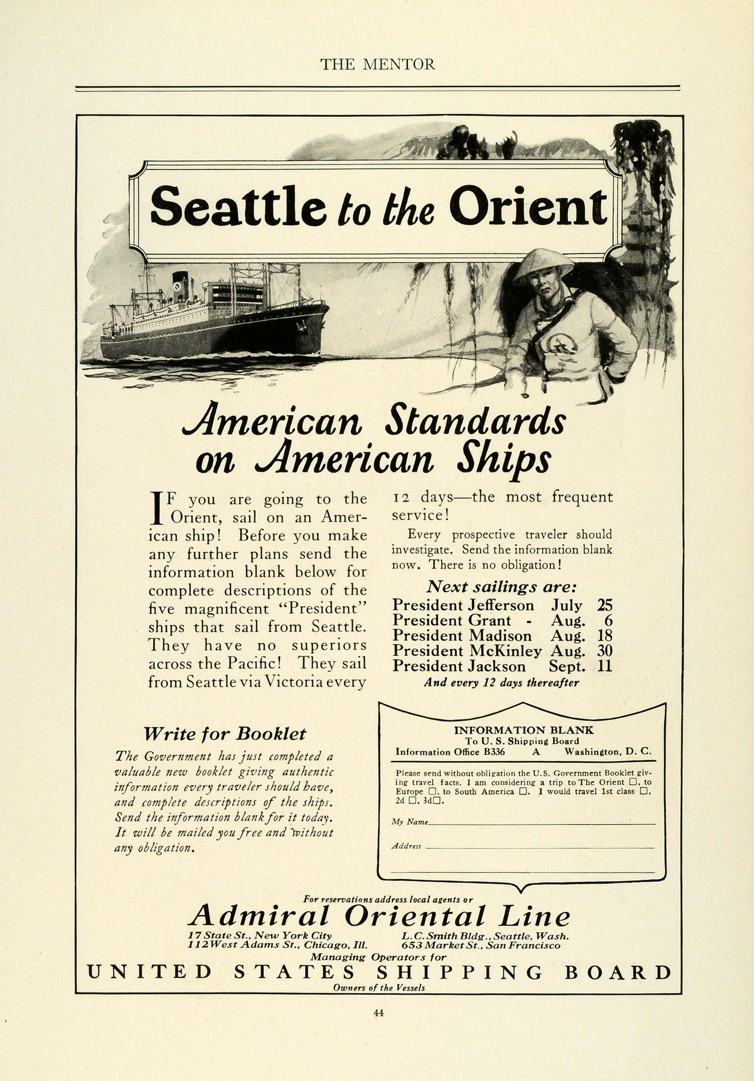 1923 Ad Seattle Orient American Ship Admiral Oriental Line Tour Travel TMM1