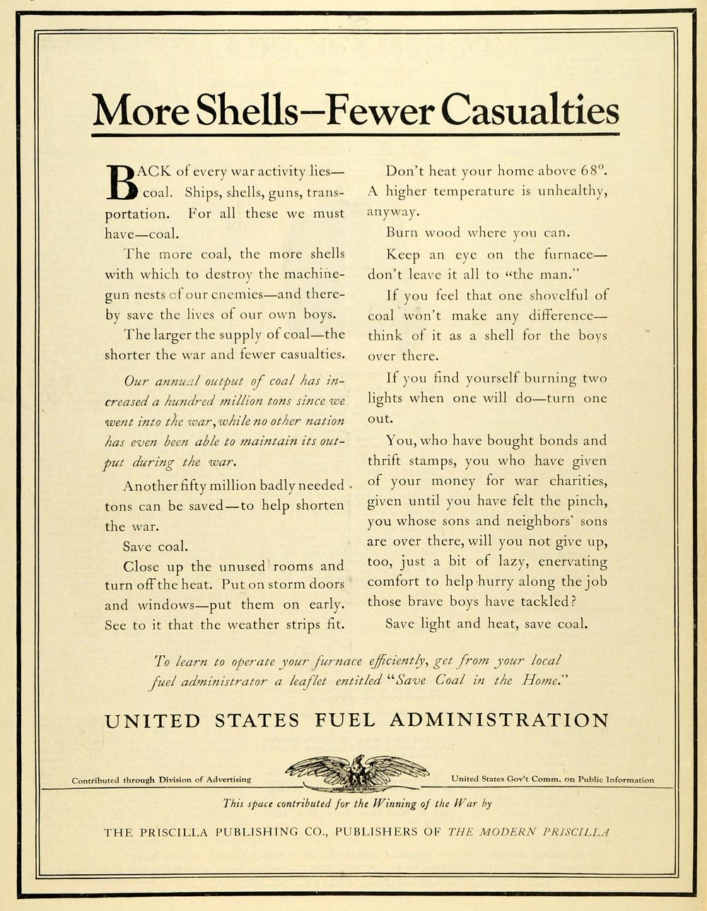 1919 Ad World War I United States Fuel Administration Gun Shells Ammunition TMP2