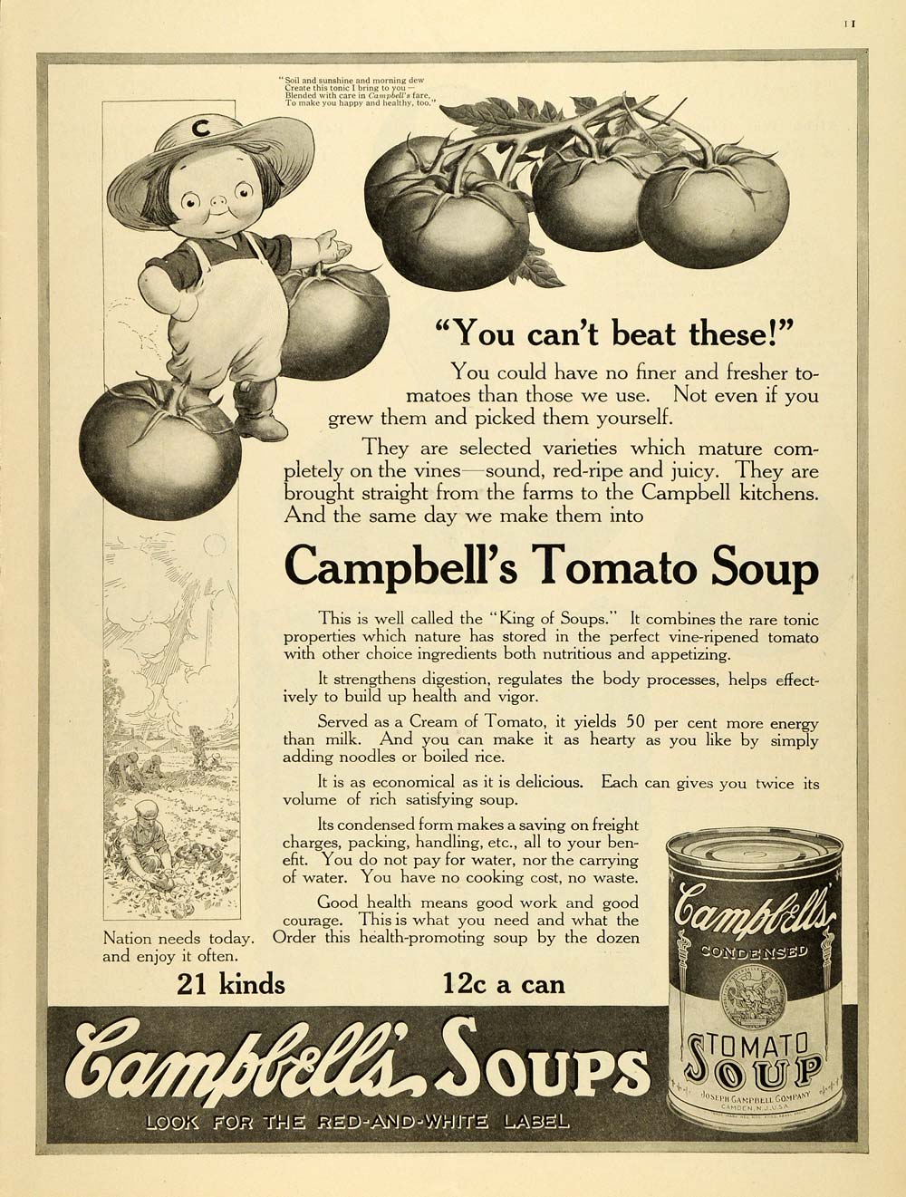 1918 Ad Canned Campbells Tomato Soup Vegetable Gardner Souper Kid Poem TMP2