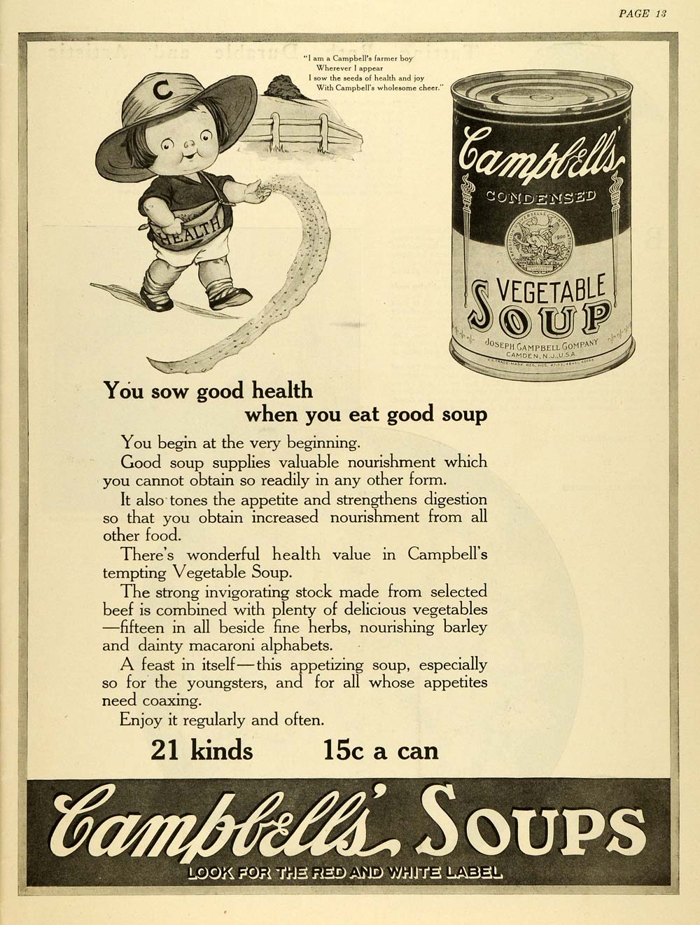 1920 Ad Campbells Canned Vegetable Soup Souper Kid Farmer Poem Poetry TMP2