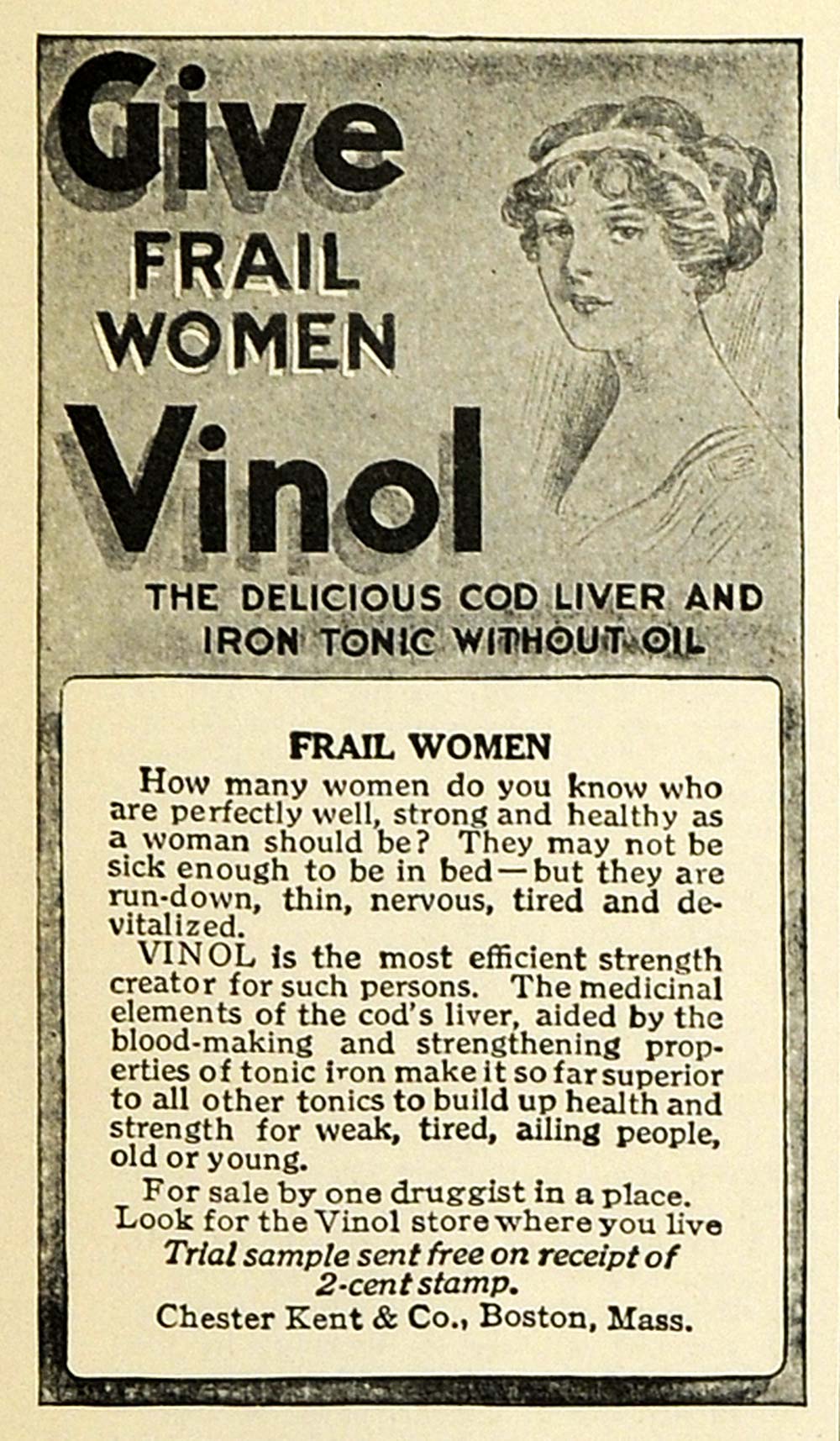 1914 Ad Chester Kent Boston Vinol Cod Liver Iron Tonic Health Products TMP2