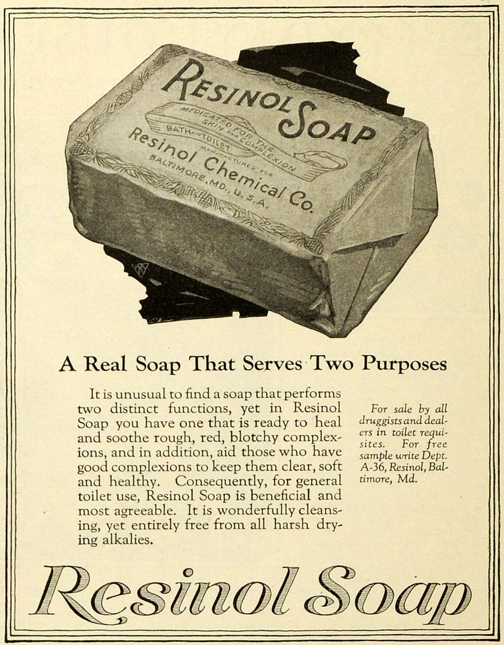 1918 Ad Resinol Soap Baltimore Maryland Bathroom Hygiene Sink Skin