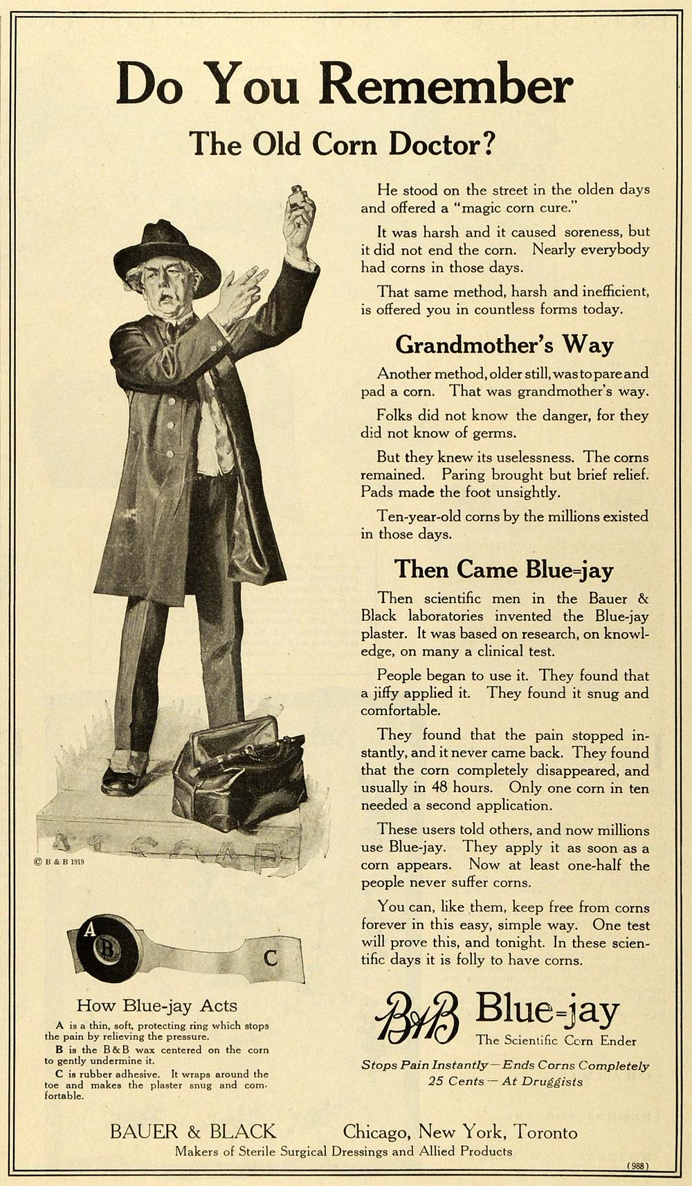 1919 Ad B&B Blue Corn Treatment Remedy Health Medication Doctor Bauer Black TMP2