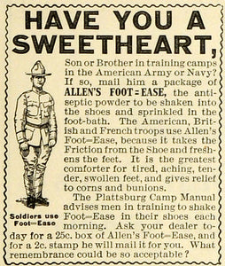 1918 Ad Plattsburg Camp Manual Training Soldiers Allen's Foot Ease Talcum TMP2