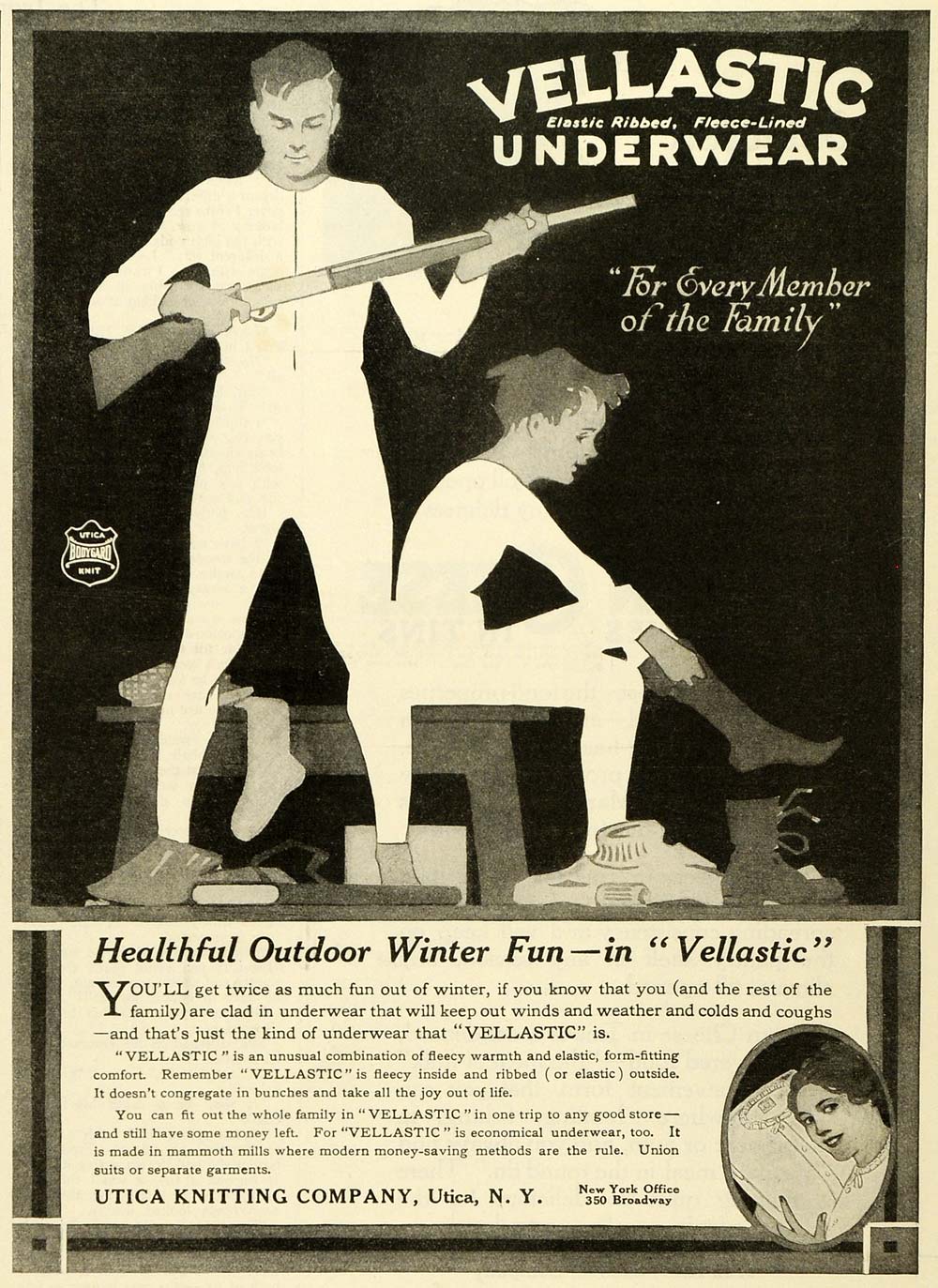 1920 Ad Utica Knitting Outdoor Vellastic Underwear Union Suit Garment Gun TMP2