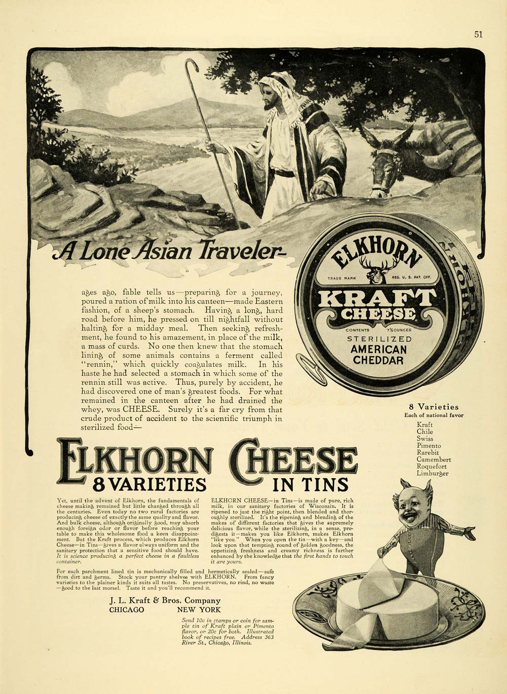 1919 Ad J. L. Kraft Elkhorn Cheddar Cheese Varieties Dairy Middle Easterner TMP2