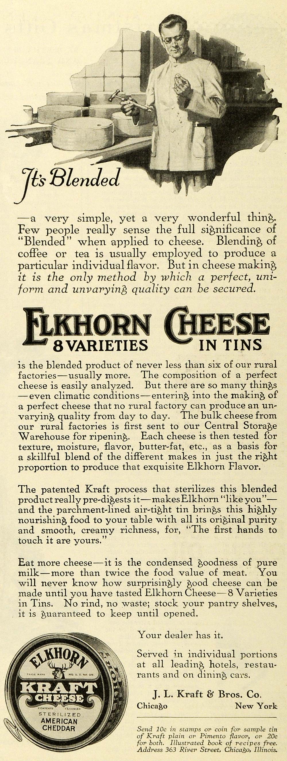 1919 Ad Sterile Blended Elkhorn Cheese Tins Varieties J. L. Kraft Dairy TMP2