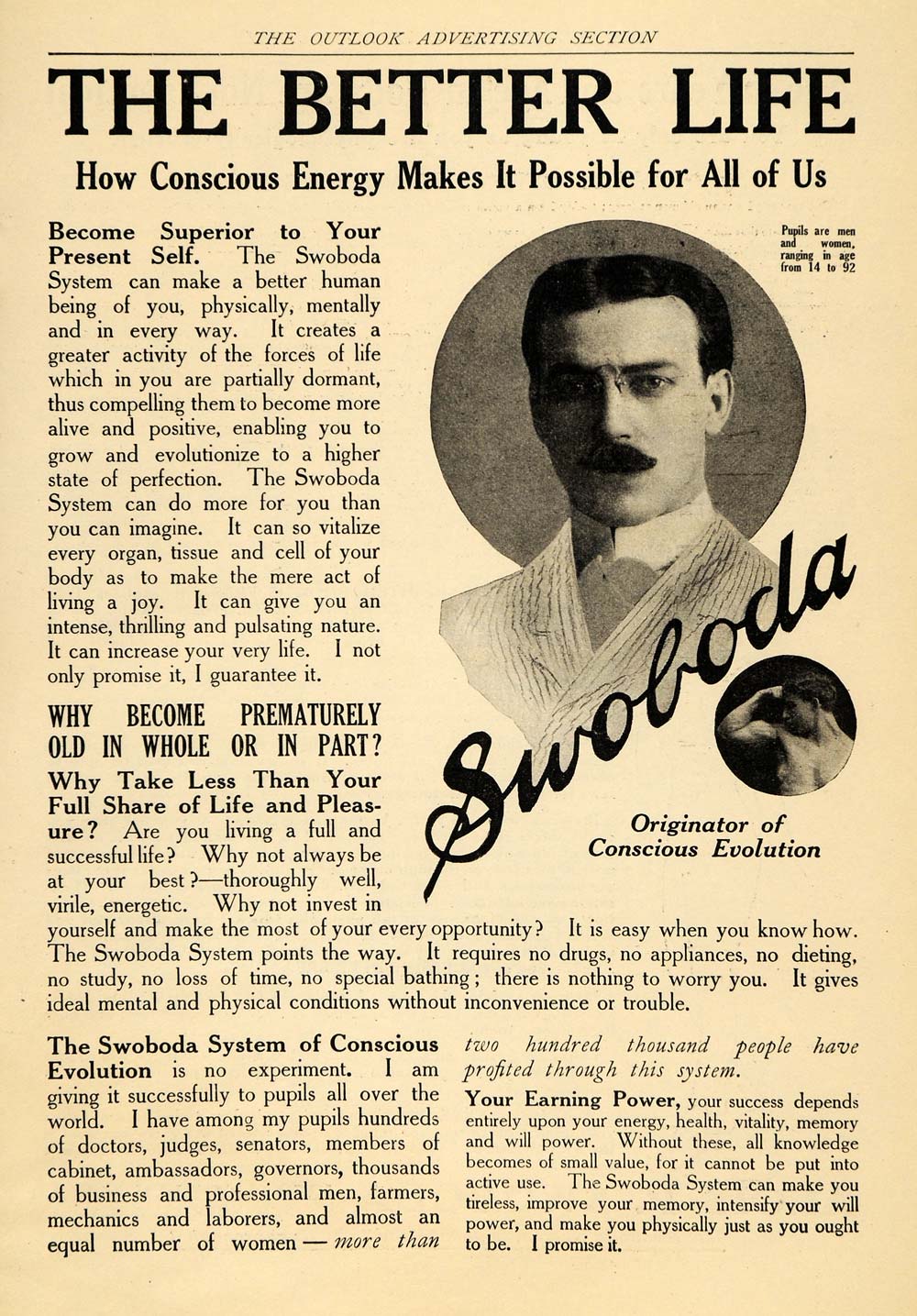 1915 Ad Swoboda System Conscious Evolution Energy Life - ORIGINAL TOM1